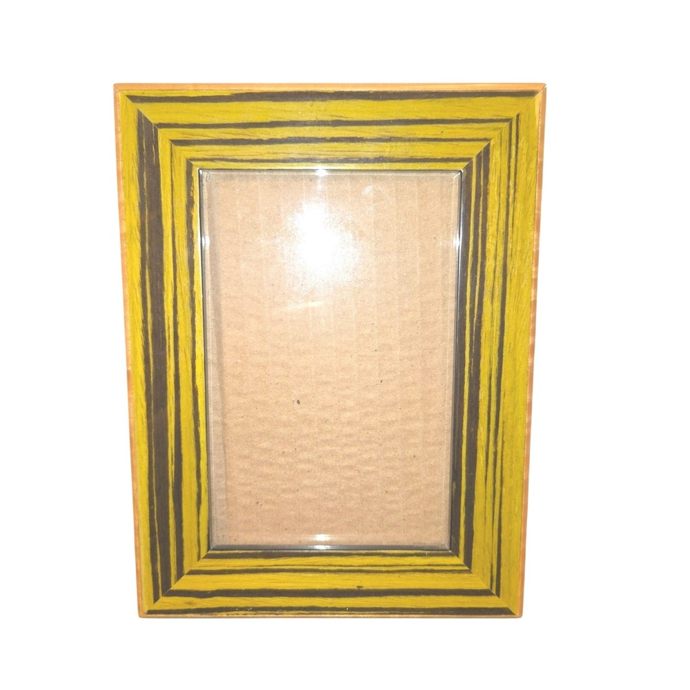 Unbranded Picture Frame 4x6 Yellow Black Striped Wood Eclectic Tabletop Decor